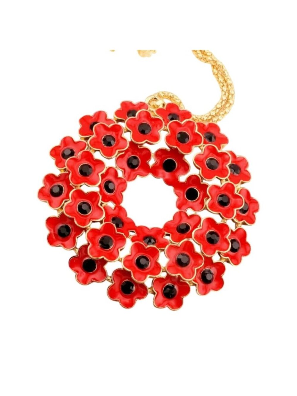 Red Poppy Floral Enamel Pendant Necklace Gold Tone Chain